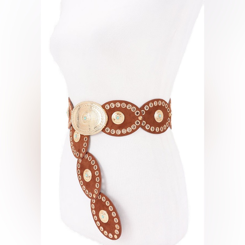 Plus Size Brown Leather w/ Gold Accents Concho Statement Belt - Picture 7 of 7